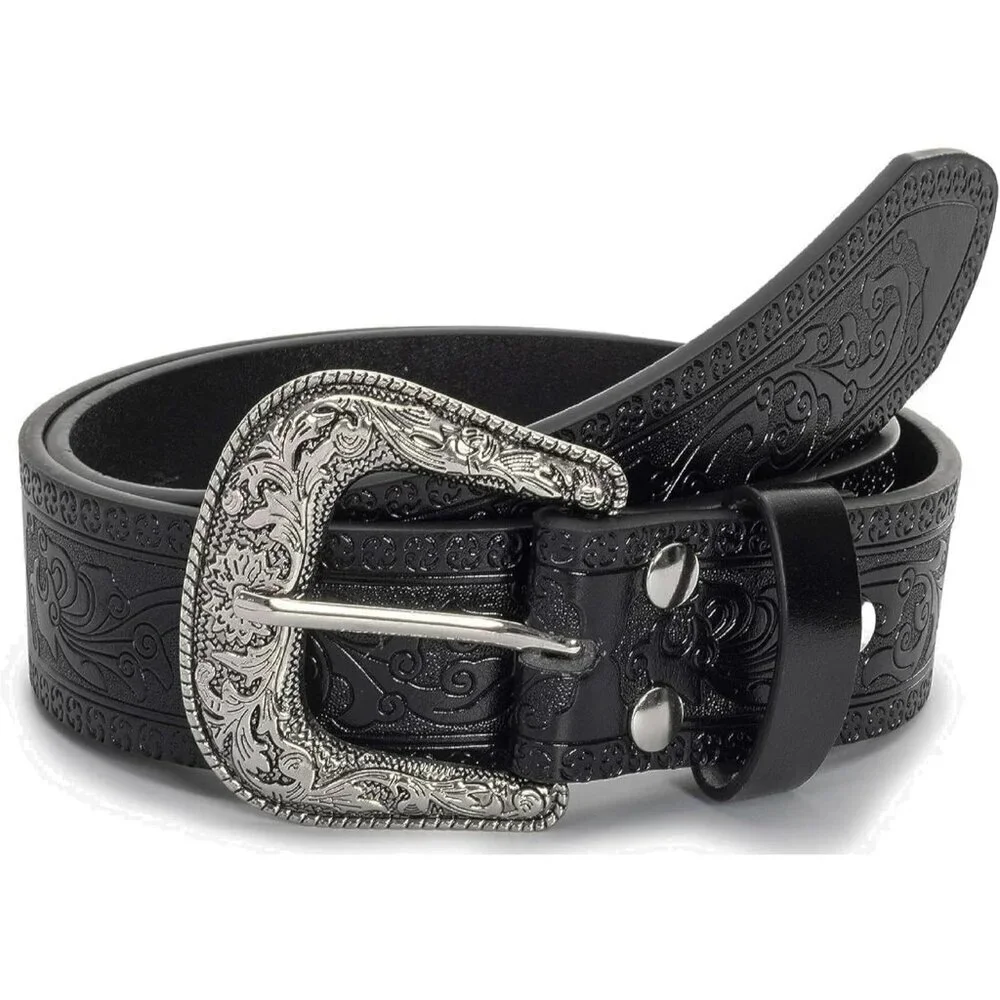 Women's Black 2 Adjustable Vintage Western Belts Engraved Buckle Cowgirl Belt